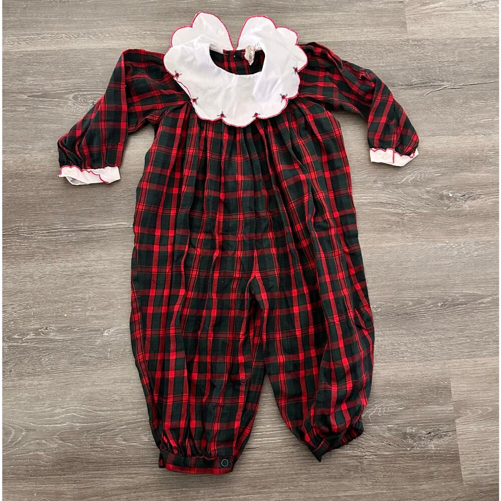 Vintage Christmas Romper Red Green Plaid Jumpsuit Size 24 Months